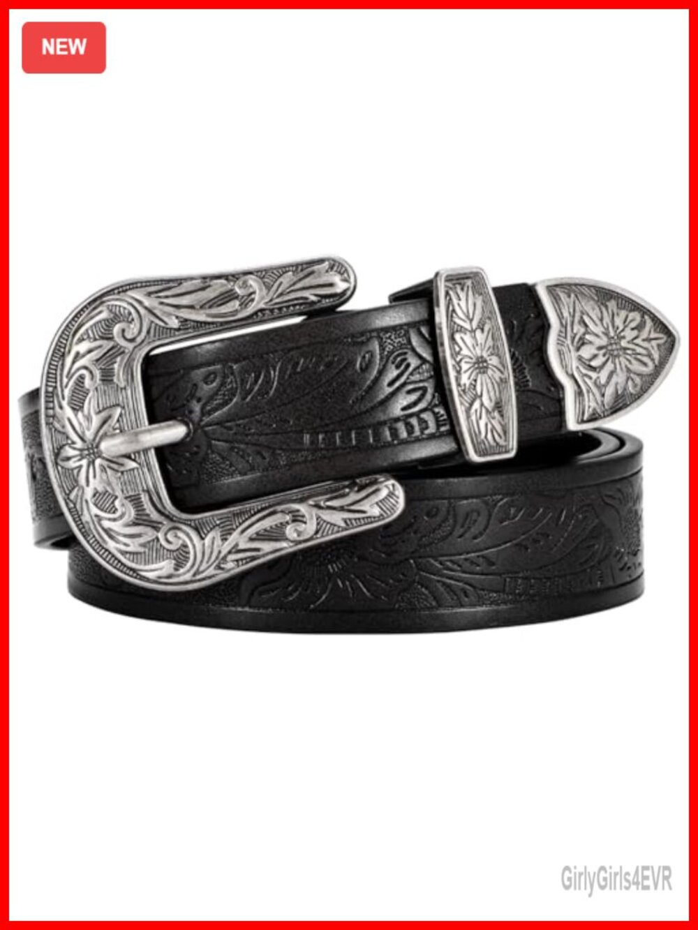 PU Leather Western Belt with Vintage Floral Carved Design